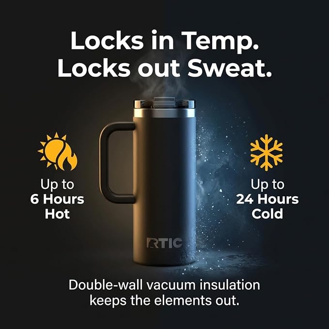 RTIC 20oz Road Trip Travel Mug with Lid and Handle, Ceramic Lined, Insulated, Stainless Steel, Metal, Double Wall Vacuum-Insulation, Portable Coffee, Tea Cup for Hot and Cold Drink, Midnight - Image 3