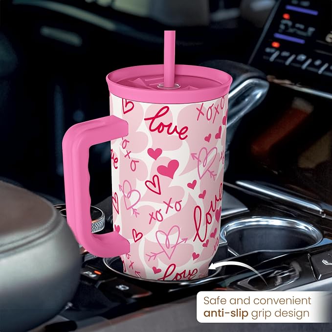 SANDJEST Heart Tumbler with Handle 40oz, Valentines Stainless Steel Insulated Tumblers Coffee Travel Cup with Straw Lid, Gifts for Women Girl - Image 6