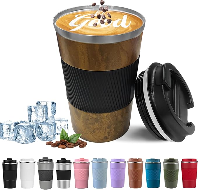 YINBAOGE Insulated Travel Coffee Mug, Spill & Leak Proof, Portable To Go Camping Stainless Steel Coffee Tumbler, Reusable Thermal Coffee Cup with Lid for Hot & Cold Drinks (Wood Grain, 12 OZ) by YINBAOGE