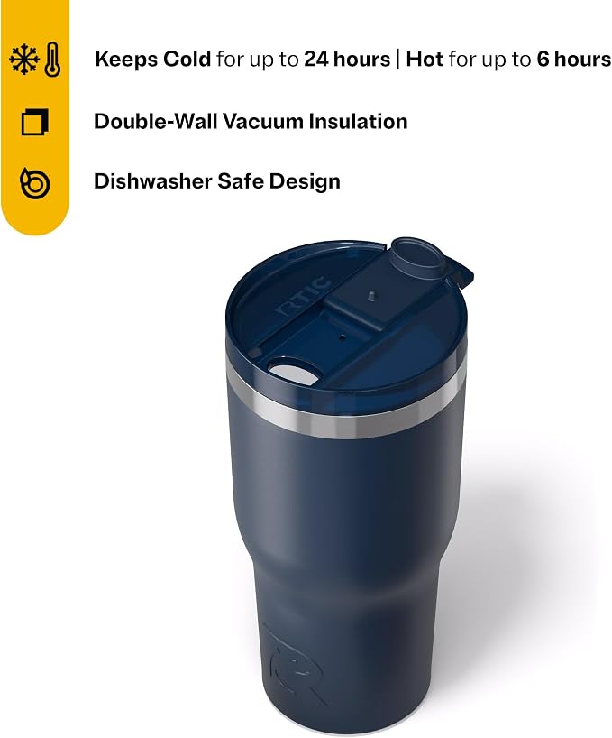 RTIC 30oz Essential Tumbler with Lid, Ceramic Lined, Insulated, Stainless Steel, Metal, Double Wall Vacuum-Insulation, Travel Cup for Iced Coffee, Tea, Hot and Cold Drink, Navy - Image 3