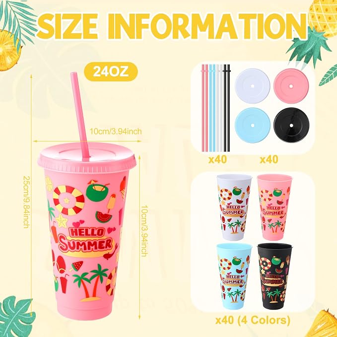 Honeydak 40 Pcs 24 OZ Tumbler with Straw and Lid Gifts Reusable Plastic Cups Bulk Water Bottle Iced Coffee Travel Mug Cup for Parties Birthdays (Hello Summer) - Image 3