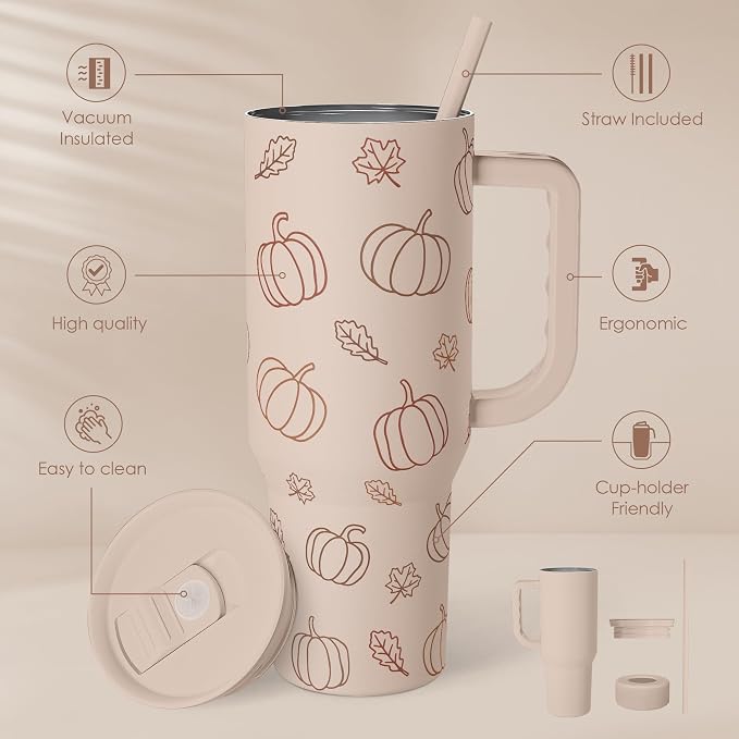 SANDJEST Pumpkin Tumbler with Handle and Straw 40oz – Stainless Sleel Slider Tumbler Travel Coffee Mug for Women - Gift Idea for Fall Autumn Halloween - Image 2