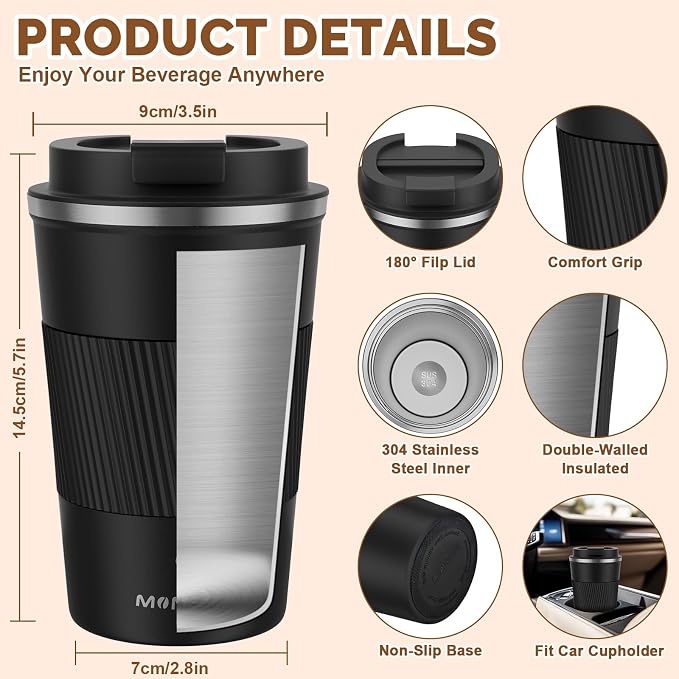 MOMSIV 12oz Travel Mug, Insulated Coffee Cup with Leakproof Lid, Vacuum Stainless Steel Double Walled Reusable Tumbler for Hot and Cold Water Coffee and Tea In Travel and Car (Black - 380ml) - Image 2