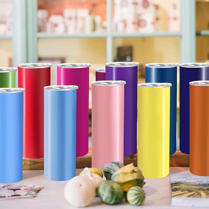 YOUKE OLA 16 Pack Skinny Tumblers 20oz Bulk Straight Stainless Steel Double Wall Vacuum Insulated Tumbler with Lid and Straw & Silicone Base for Travel, DIY, 16 Colors - Image 6