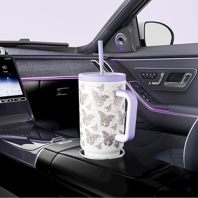 Meoky 40 oz Tumbler with Handle and Straw: Stainless Steel Insulated Tumbler with Lid and Straw - 100% Leak Proof Tumbler for Car Cup Holders - Travelers Commuters Workers, Gold Butterfly - Image 5