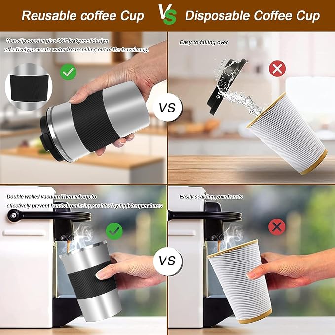 YINBAOGE Insulated Travel Coffee Mug, Spill & Leak Proof, Portable To Go Camping Stainless Steel Coffee Tumbler, Reusable Thermal Coffee Cup with Lid for Hot & Cold Drinks(Silver black, 12 OZ) - Image 5