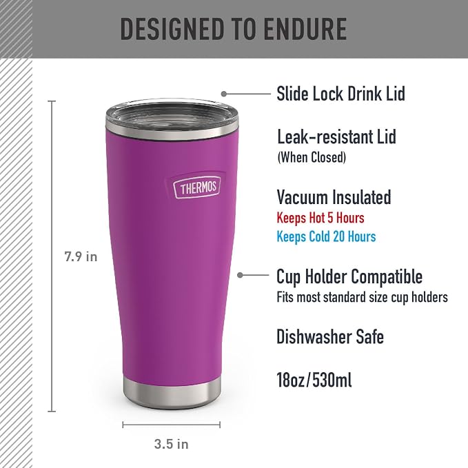 THERMOS ICON SERIES, Stainless Steel Tumbler with Slide Lock, 18 Ounce, Plum - Image 2