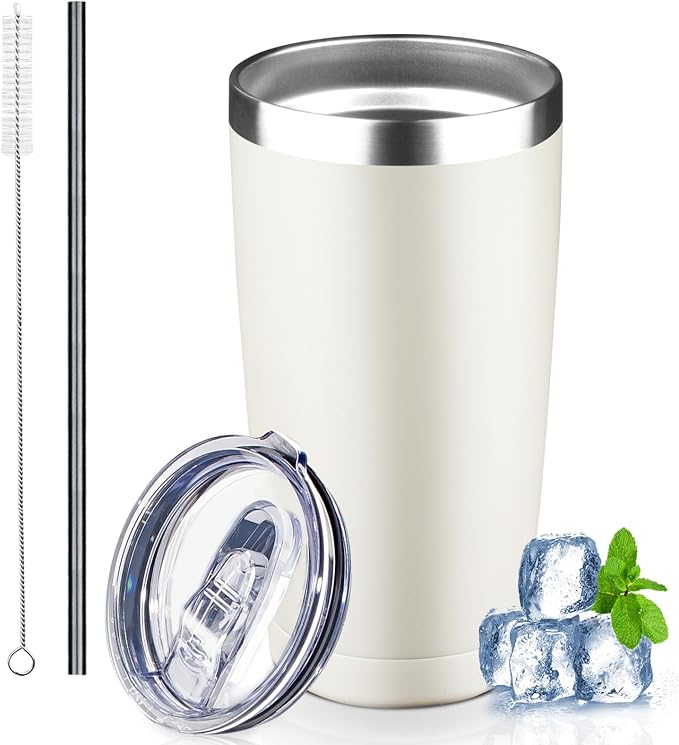 20 oz Tumbler with Lids and Straws, Stainless Steel Insulated Coffee Tumbler, Double Wall Vacuum Insulated Travel Mug Cup, Leakproof Thermal Coffee Cup for Hot and Cold Drinks (cream) by GUDEMAO