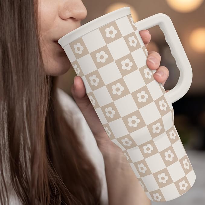 SANDJEST Checker Tumbler with Handle and Straw 40oz – Stainless Sleel Slider Tumbler Travel Coffee Mug for Women - Gift Idea for Birthday Christmas - Image 6