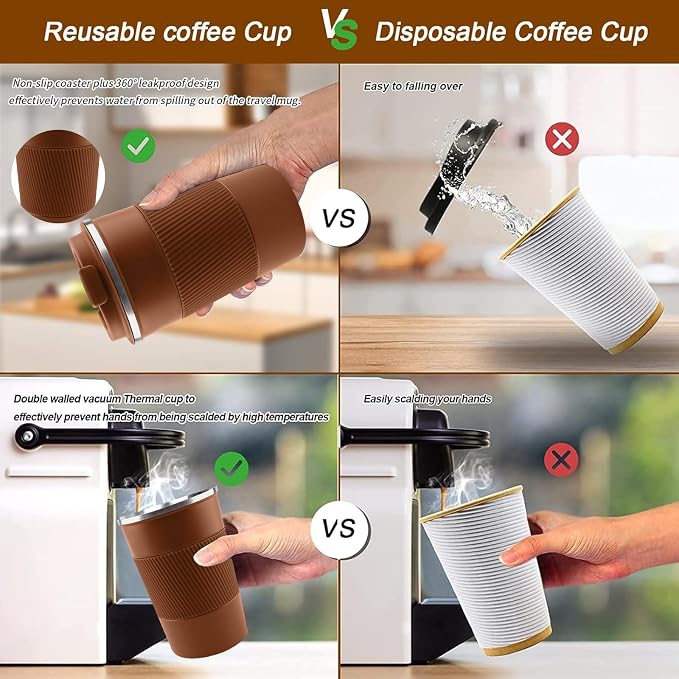 YINBAOGE Insulated Travel Coffee Mug, Spill & Leak Proof, Portable To Go Camping Stainless Steel Coffee Tumbler, Reusable Thermal Coffee Cup with Lid for Hot & Cold Drinks (Brown, 17 OZ) - Image 4