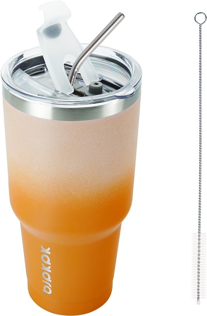 BJPKPK 30oz Stainless Steel Vacuum Insulated Tumbler Set Double Wall Travel Mug Coffee Cup with Metal Straws, Splashproof Lids,Coral by BJPKPK