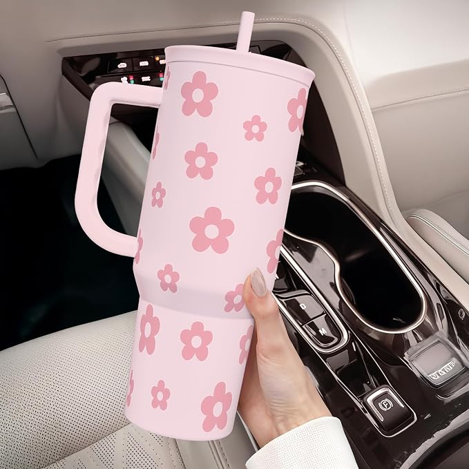 Floral Tumbler with Handle and Straw 40oz Stainless Sleel Slider Tumbler Travel Coffee Mug for Women - Gift Idea for Birthday Christmas - Image 7