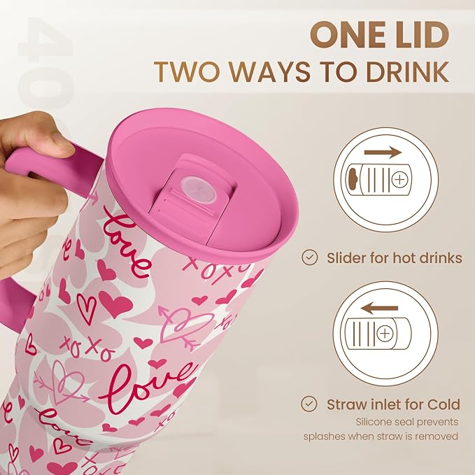 SANDJEST Heart Tumbler with Handle 40oz, Valentines Stainless Steel Insulated Tumblers Coffee Travel Cup with Straw Lid, Gifts for Women Girl - Image 5