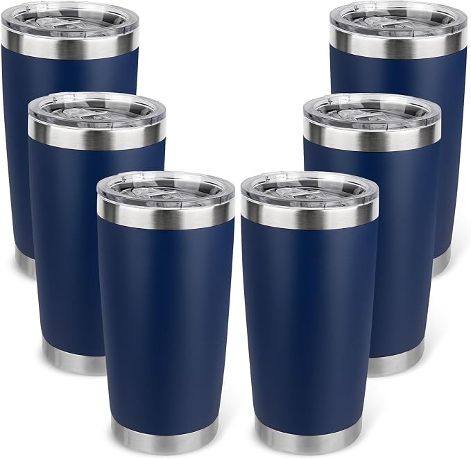 20oz Stainless Steel Tumbler Bulk with Lid, Travel Mug - Double Wall Vacuum Powder Coated Cup - Navy Blue, 6 Pack by Unknown