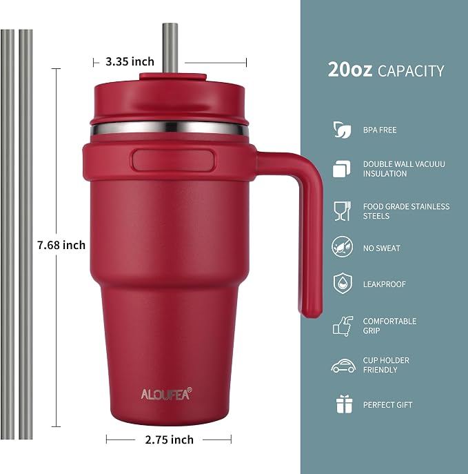 ALOUFEA 20 oz Insulated Coffee Mug Tumbler with Handle, Stainless Steel Travel Mug Tumbler with Lid and Straw,Double Wall Vacuum Leak Proof Ice Coffee Thermal Cup, Red - Image 2