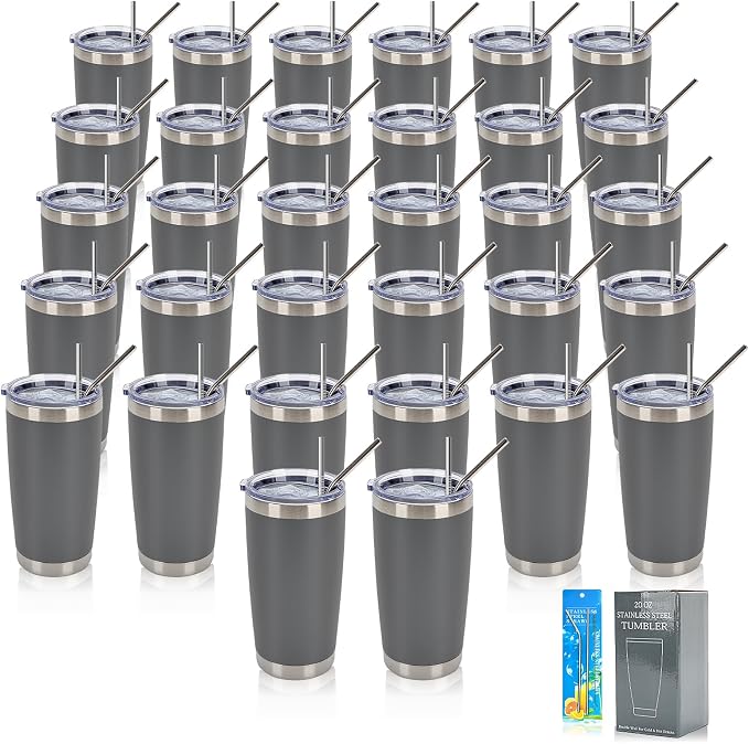 IEOVIEE 32 Pack, 20oz Stainless Steel Bulk Tumblers with Lids and Straws, Double Wall Insulated Travel Coffee Mug, Durable Powder Coated Tumbler Bulk Cup for Cold and Hot Drinks (Grey) by IEVOIEE