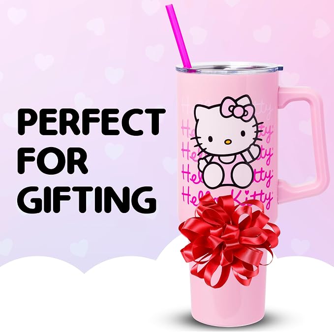 Silver Buffalo Sanrio Hello Kitty Waving Double Walled Stainless Steel Tumbler with Handle and Straw, Fits in Standard Cup Holder, 40 Ounces - Image 7