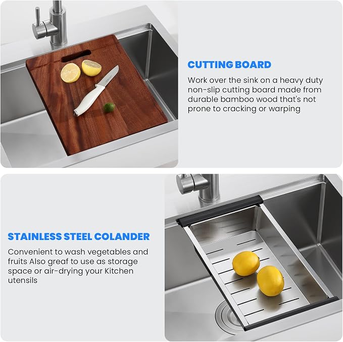 POPFLY 23×18 Inch Drop in Workstation Kitchen Sink, Handmade 18-Gauge 304 - Image 9