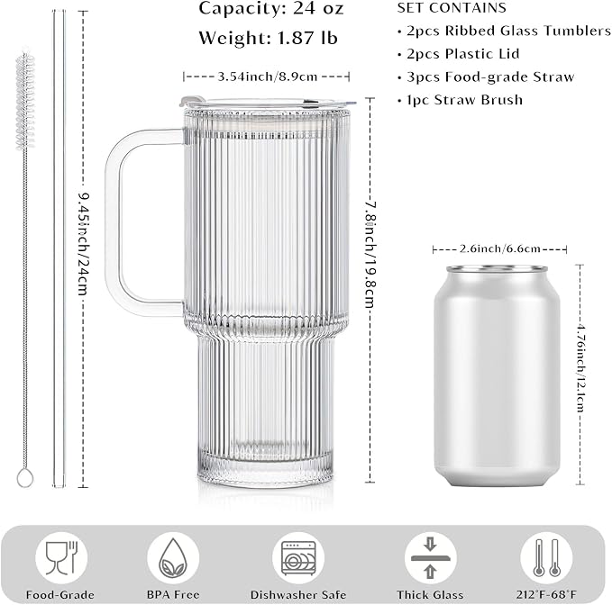 INSETLAN 24oz Ribbed Glass Tumbler with Handle & Lid – 2-Pack Large Iced Coffee Cups with Straws, Modern Glass Mug for Cold & Hot Beverages, Aesthetic Travel Cup for Smoothies, Tea, and Juice - Image 2