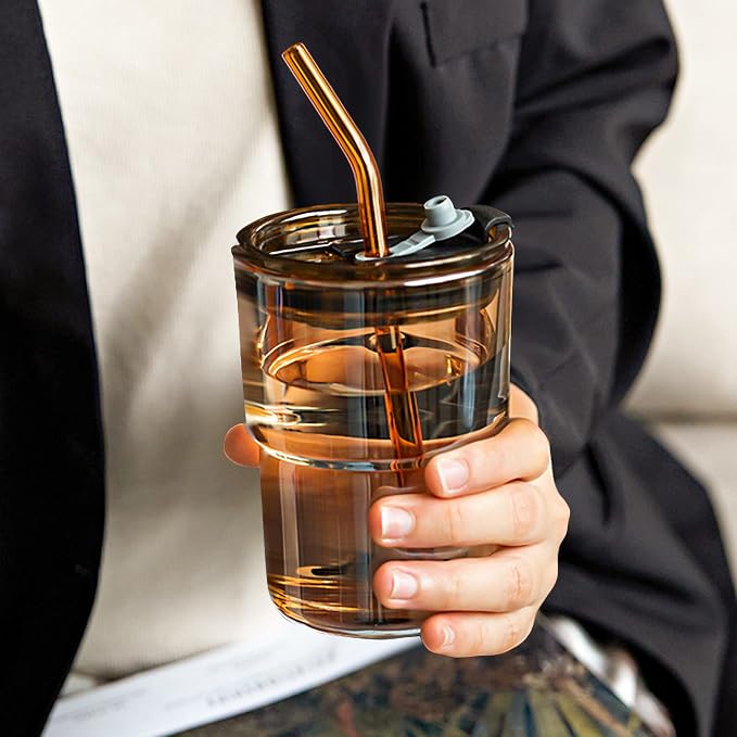 BLUEPOLAR 13oz/400ml Tumbler Water Glass, Cups with Straw and Lid Sealed Carry on for Coffee, Iced Tea, Thick Wall Insulated Glass Cup (Amber)… - Image 8