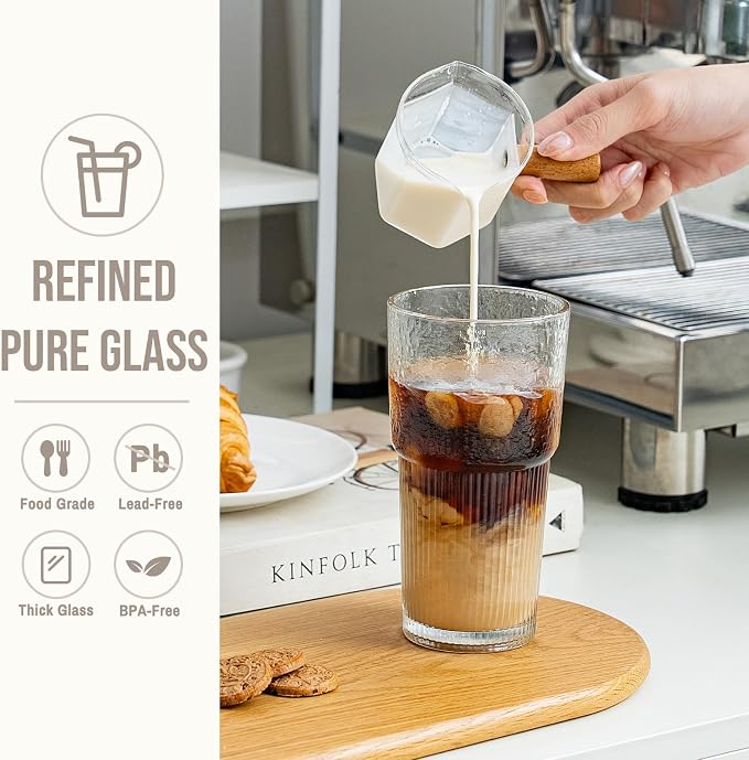 20oz Glass Tumblers with Lids and Straws, Set of 4 - Stylish Ribbed Design Drinking Glasses for Iced Coffee Cups, Juice, Smoothies, Cold Beverages, Includes Cleaning Brush, Durable Glassware - Image 5
