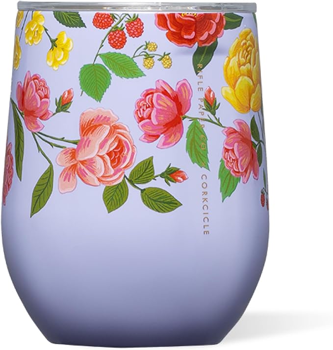 Corkcicle Stemless Insulated Wine Glass Tumbler - Keeps Beverages Cold 6 Hrs Hot 3 Hrs - Stainless Steel - Easy-Grip - Gift for Mom - Great for Mother's Day or Christmas - 12 oz - Roses Purple by Corkcicle