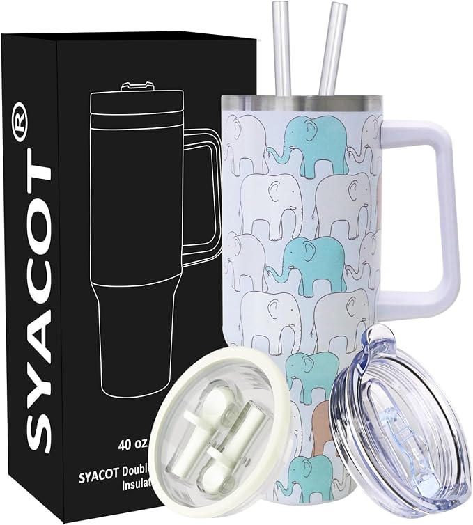 SYACOT 40 oz Tumbler with Handle and Straw Stainless Steel Insulated Tumbler Leak Proof Lid and Straw Lid Reusable Travel Mug Coffee Mug Cup Dishwasher Safe Keep Drinks Cold and Hot (LittleElephant) by SYACOT