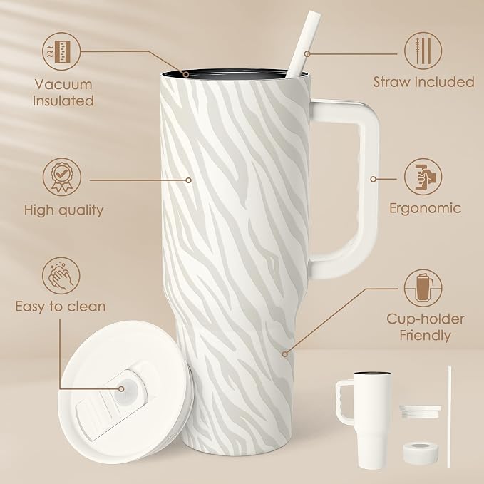 SANDJEST Zebra Skin 40oz Slider Tumbler with Handle and Straw - Insulated Stainless Steel Travel Coffee Mug for Women Girls, Gift for Birthday, Christmas - Image 2