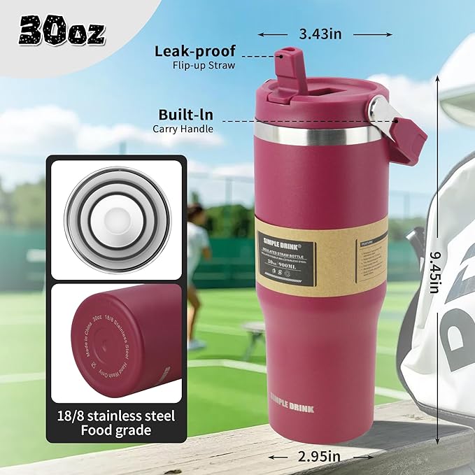 30oz Flip Straw Insulated Water Bottle with Handle, Leak Proof Stainless Steel Travel Tumbler With Lid, Double Wall Vacuum Iced Coffee Travel Mug, Sport Cup, Outside use - Image 2