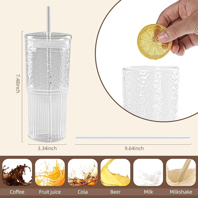20 OZ Iced Coffee Cup With Glass Lids and Straws,High Borosilicate Glass Tumbler Cup Reusable Wide Mouth Smoothie Cups(Clear,1cup)… - Image 4