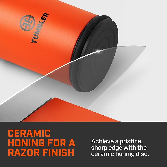 TUMBLER Pro Rolling Knife Sharpener™ - Knife Sharpening Made Easy - Ultimate Gift for Father's Day - Kit with Removable Disc System - 4-Layer Diamond Sharpening Disc & EdgeBoost Ceramic Disc (Orange) - Image 6