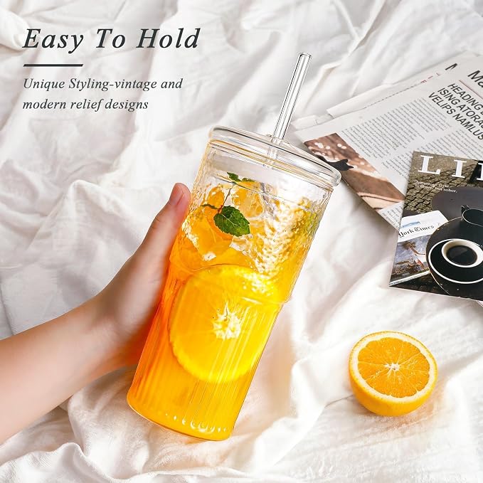 DWTS DANWEITESI Glass Cups with Lids and Straws 4 Pcs,20oz Glasses Drinking Set Vintage Textured Clear Iced Coffee Cups with Lids,Reusable Glass Tumbler with Straw and Lid for Coffee Bar Accessories - Image 2