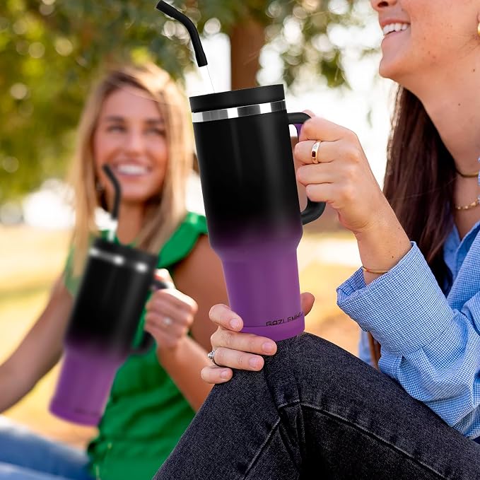 40oz Tumbler with Handle and Straw Spout 2-in-1 Lid, Spill Leak Proof Insulated Travel Cup Traveler Water Mug Keep Cold Hot, Dishwasher Safe Stainless Steel Bottle Gifts for Women Men, Black Purple - Image 2