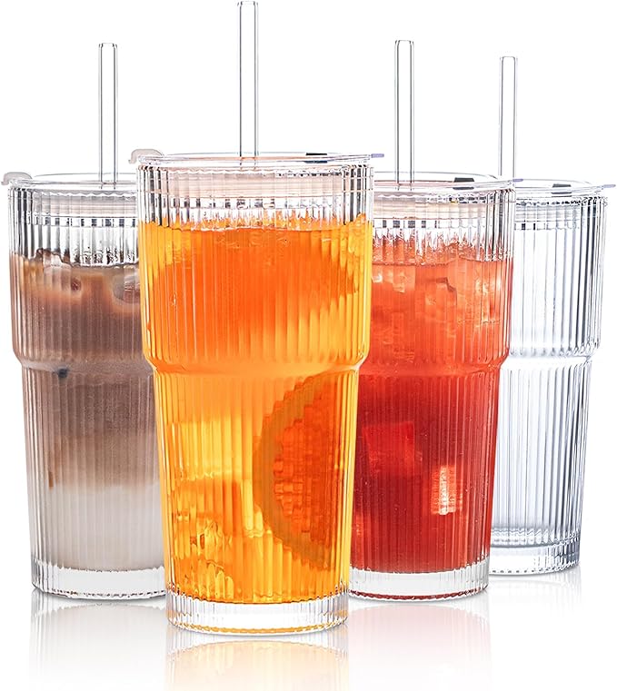 INSETLAN 20 oz Ribbed Glass Tumblers with Lids and Glass Straws – 4-Piece Glassware Set, Thickened Wall, Ideal for Iced Coffee, Smoothies, Cocktails, and Juices – Elegant and Durable Drinkware by INSETLAN