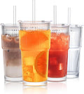 INSETLAN 20 oz Ribbed Glass Tumblers with Lids and Glass Straws – 4-Piece Glassware Set, Thickened Wall, Ideal for Iced Coffee, Smoothies, Cocktails, and Juices – Elegant and Durable Drinkware by INSETLAN