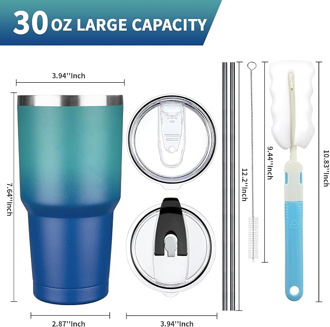 30 oz Tumbler with Lids and Straws, Stainless Steel Insulated Coffee Tumbler, Double Wall Vacuum Insulated Travel Mug Cup, Leakproof Thermal Coffee Cup for Hot and Cold Drinks (dark green blue) - Image 2