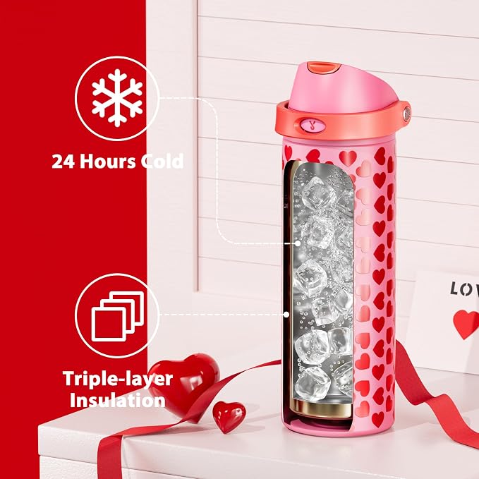 24 oz Valentine's Day Water Bottle: Meoky Stainless Steel Heart Water Bottle with 2-in-1 Straw and Spout Lid - Leak Proof, Fits in Car Cup Holder, Valentines Day for Her Women Wife Girls, Lovie - Image 3