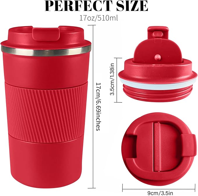 YINBAOGE Insulated Travel Coffee Mug, Spill & Leak Proof, Portable To Go Camping Stainless Steel Coffee Tumbler, Reusable Thermal Coffee Cup with Lid for Hot & Cold Drinks (Red, 17 OZ) - Image 3