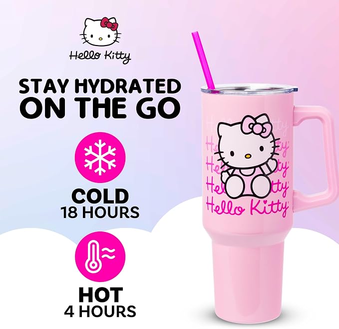 Silver Buffalo Sanrio Hello Kitty Waving Double Walled Stainless Steel Tumbler with Handle and Straw, Fits in Standard Cup Holder, 40 Ounces - Image 2