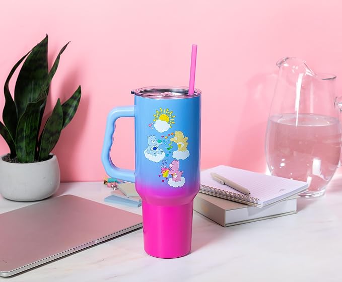 Silver Buffalo Care Bears Featuring Grumpy Bear, Funshine, and Love-A-Lot Bear Heart Showers Ombre Double Walled Stainless Steel Tumbler with Handle and Straw, Fits in Standard Cup Holder, 40 Ounces - Image 5