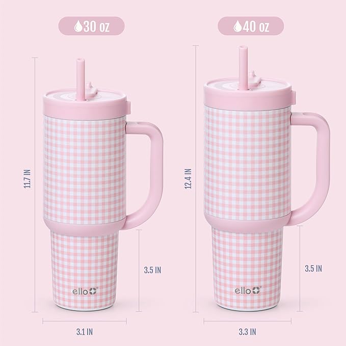 Ello Oasis 40 oz Tumbler with Handle & Retracting Straw | Reusable Insulated Stainless Steel Cup 100% Leakproof, Gifts for Teens Women Men | Keeps cold for 24 Hours, Cup Holder Friendly, Pink Gingham - Image 8