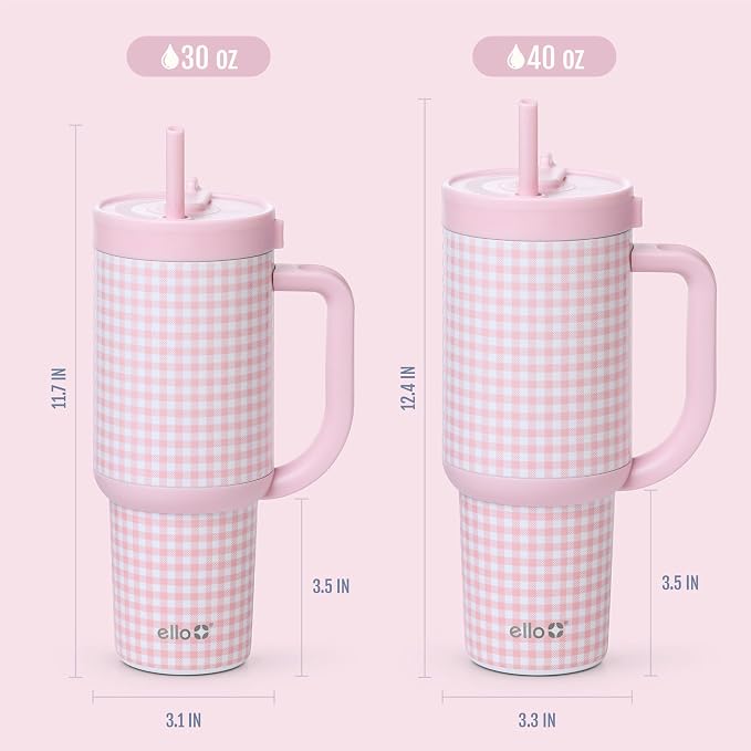 Ello Oasis 30 oz Tumbler with Handle & Retracting Straw | Reusable Insulated Stainless Steel Cup 100% Leakproof, Gifts for Teens Women Men | Keeps cold for 24 Hours, Cup Holder Friendly, Pink Gingham - Image 8