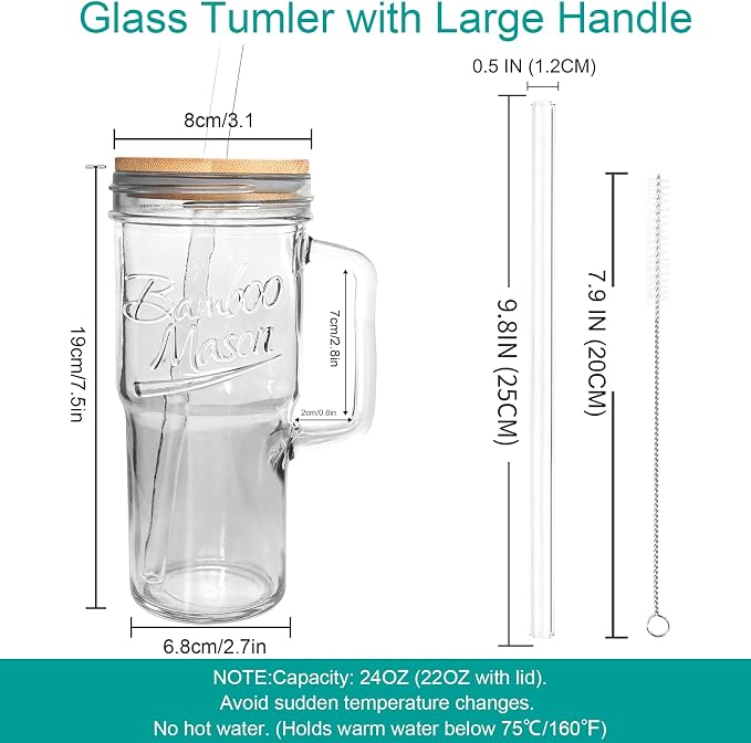 ANOTION Glass Cups with Lids and Straws - 24oz Tumbler with Handle Coffee Cups Glass Straws Glasses Mason Jar Cups Drinking Set Kitchen Essentials Coffee Bar Accessories House Warming Gifts New Home - Image 6