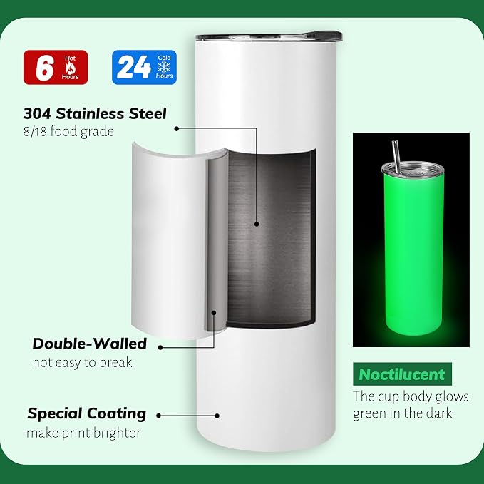 Joyclub 8 Pack Sublimation Tumblers Glow in the Dark 20 oz Bulk Blank Tumblers Skinny Straight Flat Bottom Cups White with Lid and Straw - Image 3