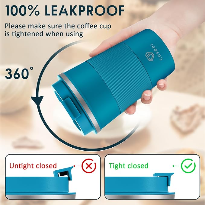 CS COSDDI Stainless Steel Travel Mug 12oz - Vacuum Insulated Coffee Travel Mug Spill Proof with Leakproof Lid - Double Walled Reusable Tumbler Cups for Keep Hot/Ice Coffee,Tea and Beer(Aquamarine) - Image 3
