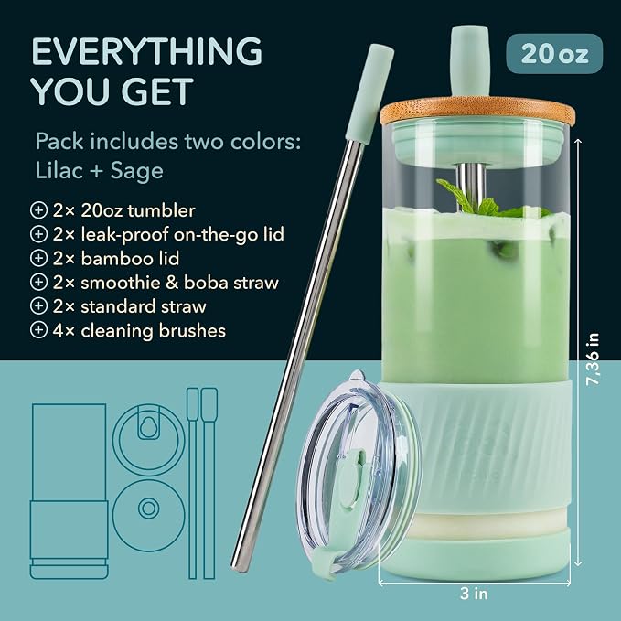 Pandaloo® Glass Cups With Lids and Straws -20 Fl Oz- Perfect Size Iced Coffee Cup - Smoothie Cup With Bamboo Lid and On the go Lid - Glass Tumbler (2 Count (Pack of 1), Lilac-Sage) - Image 2