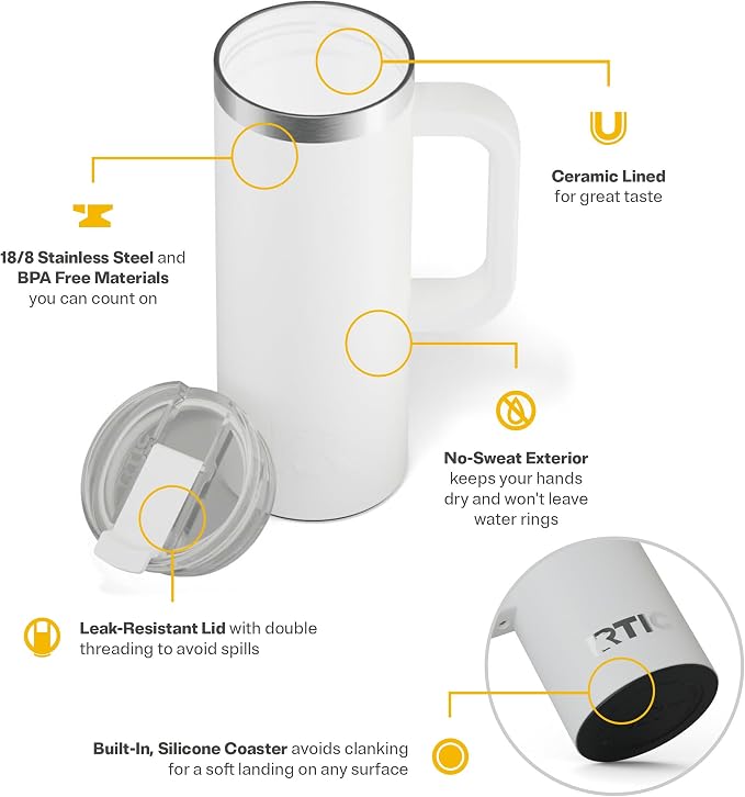 RTIC 20oz Road Trip Travel Mug with Lid and Handle, Ceramic Lined, Insulated, Stainless Steel, Metal, Double Wall Vacuum-Insulation, Portable Coffee, Tea Cup for Hot and Cold Drink, White - Image 4