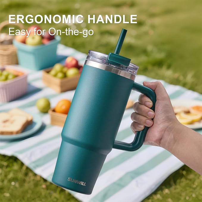 SUNWILL Travel Coffee Mug with Lid, 30 oz Tumbler with Handle and Straw Leak Proof, Stainless Steel Cup Insulated for Office & Camping, Cupholder Friendly, Powder Coated Deep Teal - Image 5