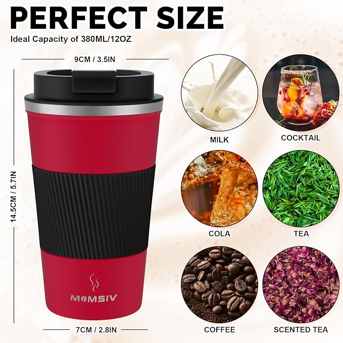 MOMSIV 12oz Travel Mug, Insulated Coffee Cup with Leakproof Lid, Vacuum Stainless Steel Double Walled Reusable Tumbler for Hot and Cold Water Coffee and Tea In Travel and Car - Image 2