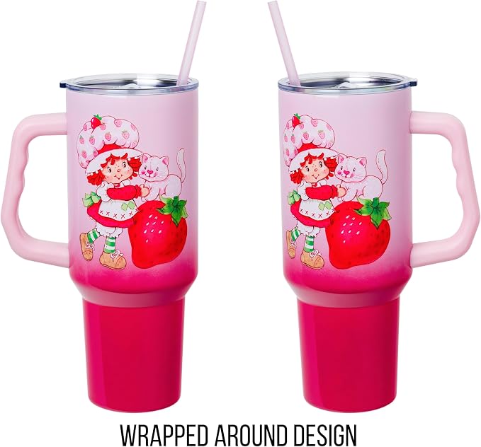 Silver Buffalo Strawberry Shortcake and Custard Vintage Berry Ombre Double Walled Stainless Steel Tumbler with Handle and Straw, Fits in Standard Cup Holder, 40 Ounces - Image 5